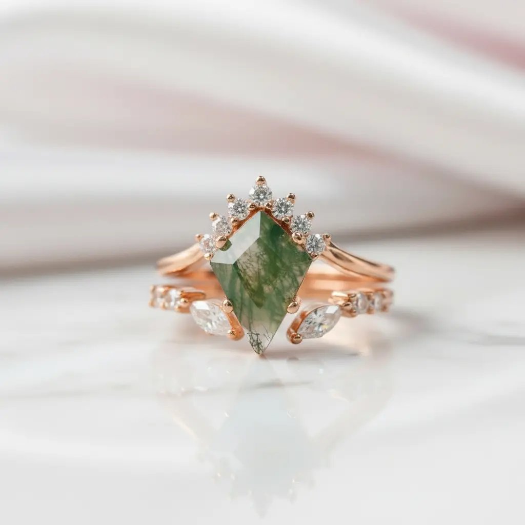Moss Agate Rhombus Shape Engagement Ring