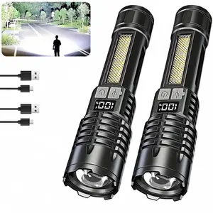2/4-Pack High-Lumen Rechargeable Flashlights, 5 Modes with COB Light, Ultra-Bright Flashlights, Zoomable Handheld Digital Display Flashlight, for Outdoor Emergency Signaling, Backyard BBQ, Rechargeable Multimode LED Flashlight Adjust Brightness