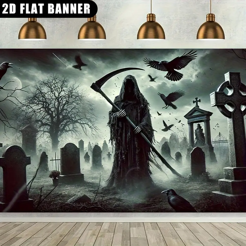 1pc 2D Flat Gothic Grim Reaper Wall Tapestry, Polyester Fiber Background Banner with Dark Cemetery Scene, No Power Required, Suitable for Home, Party Decorations