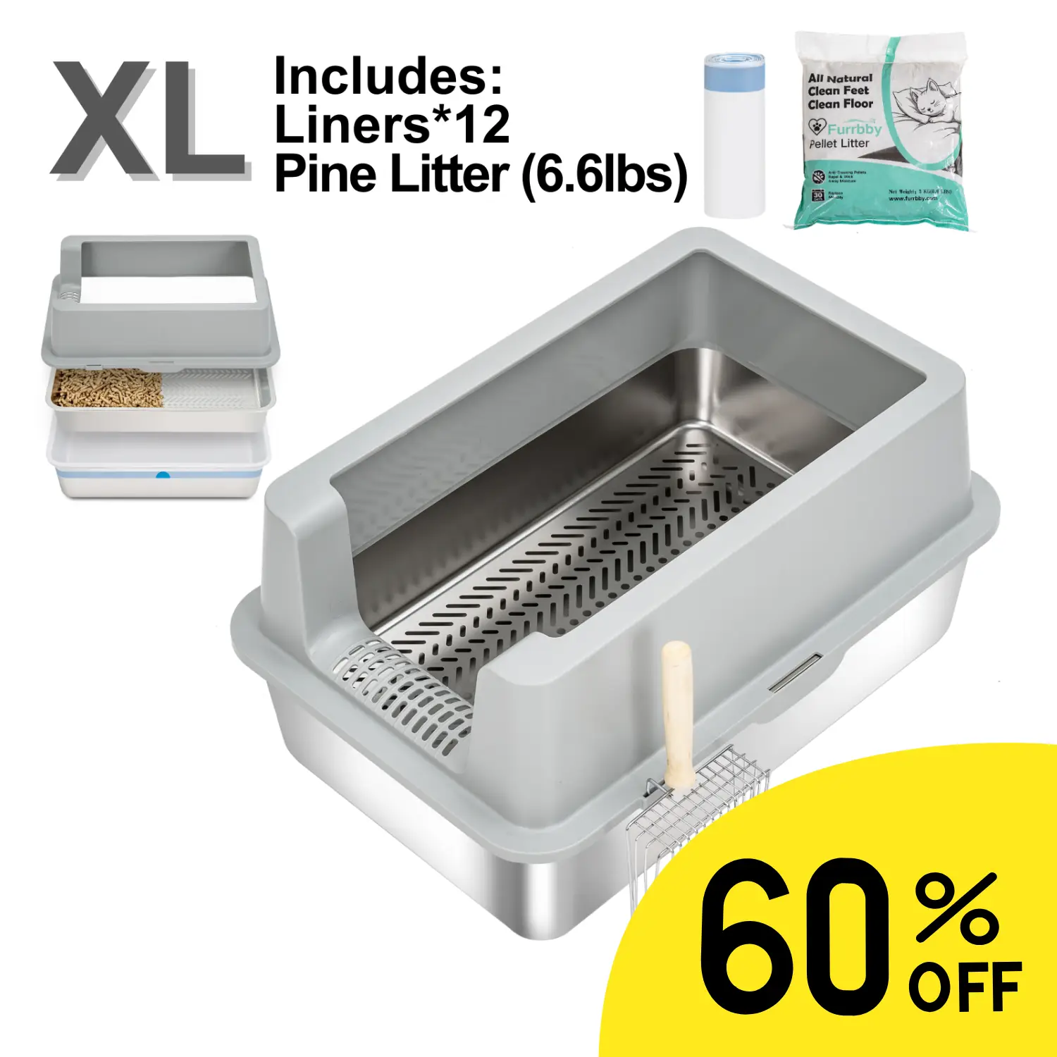 XL Stainless Steel Sifting Cat Litter Box for Pine Pellets, Dual Layer, Two Enclosure Options, Easy Clean, Include Scoop, Liners, Pine Litter, Rabbit