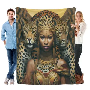 African American Lion  Blanket Bohemian Style Leopard Blankets Black Woman Girl Lady Wildlife Black Gold Gift Warm Fuzzy Throw Blanket for Sofa Bed Throws Birthday Presents