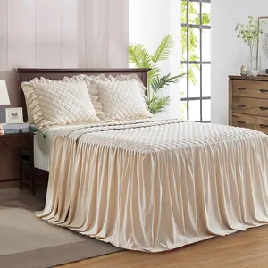 Ruffle Skirt Bedspread Set - 30" Long Drop - Vintage Cream White Chic Ruffled Summer Coverlet Bed Spread Quilt Boho Bedding Farmhouse Style Lightweight Luxurious Rustic 3 Piece Set Queen Size Beige