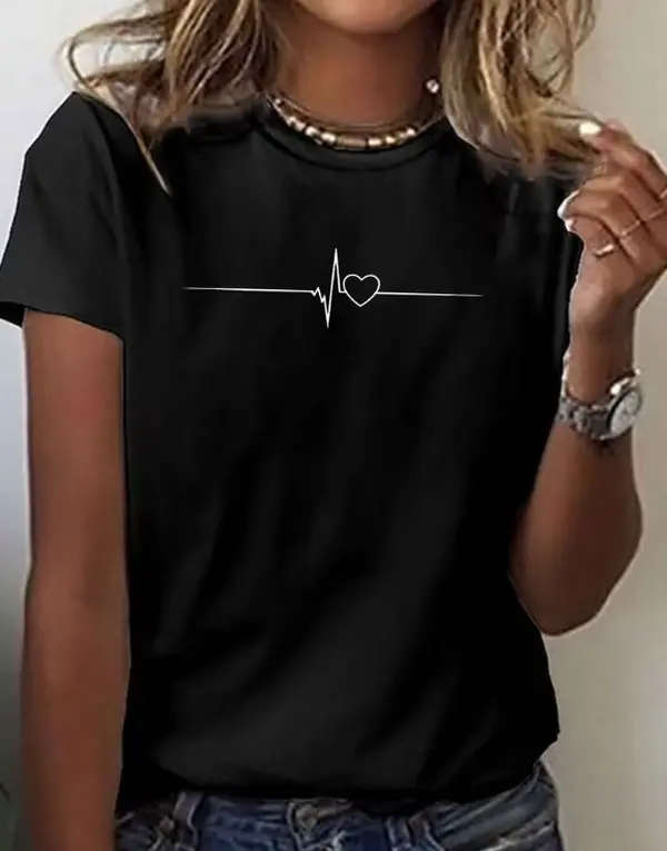 Heartbeat EKG Heart Minimalist Line Graphic Women's Short Sleeve T-Shirt.Minimalist Love T-Shirt, EKG Heartbeat Simple Line Art Casual Women's Top