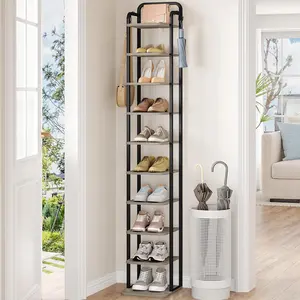 Freestanding Slim Shoe Storage Cabinet,10 Tiers Vertical Shoe Rack, Narrow Shoe Tower, Tall Shoes Shelf with 2 Hooks, Adjustable Shelves, Corner Shoes Shelves for Small Spaces, Entryway, Living Room, Greige SR11205B