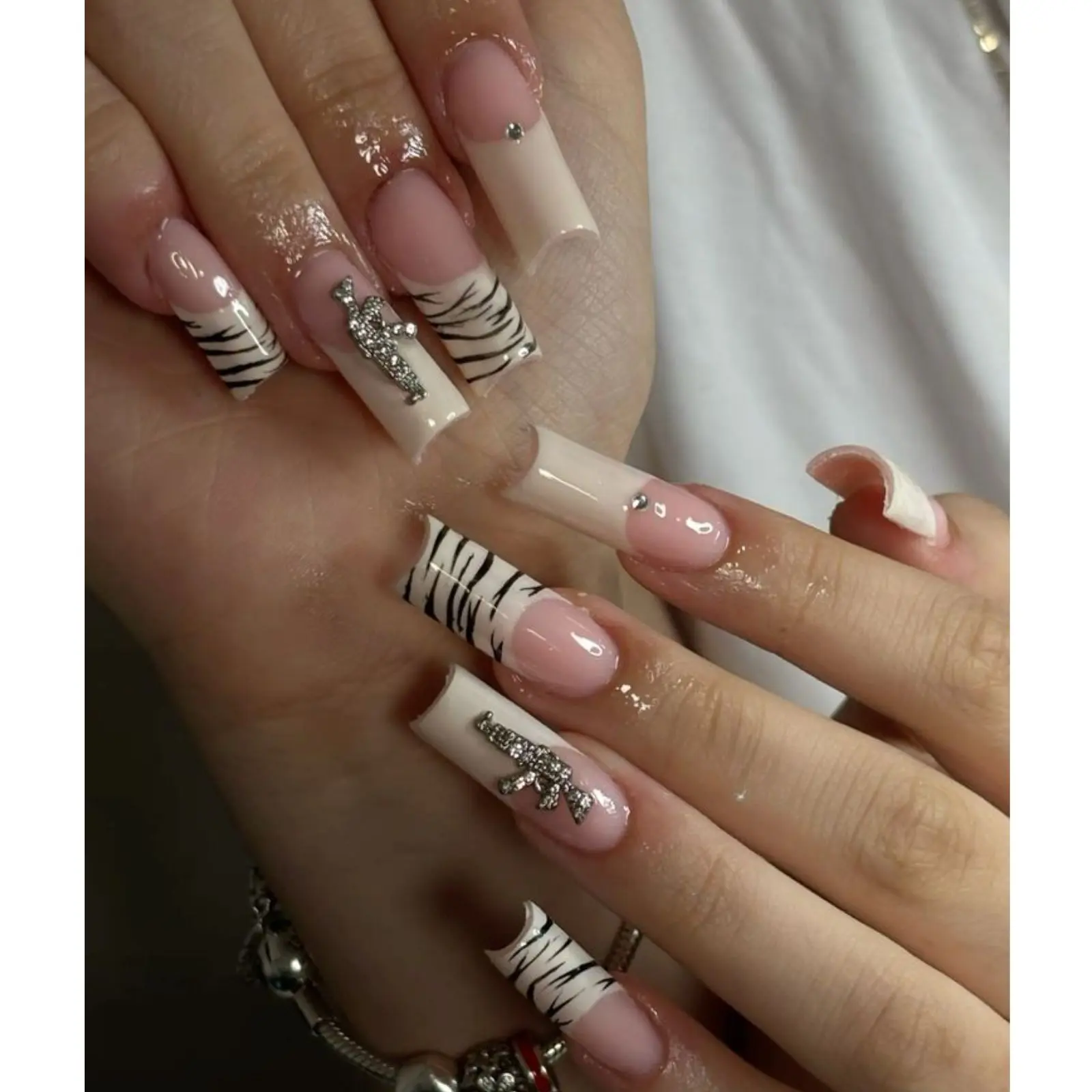 Zebra French Tip Nails | Y2K Glam Long Square Acrylic Nail Inspo | Luxury Pink And White Nail Design
