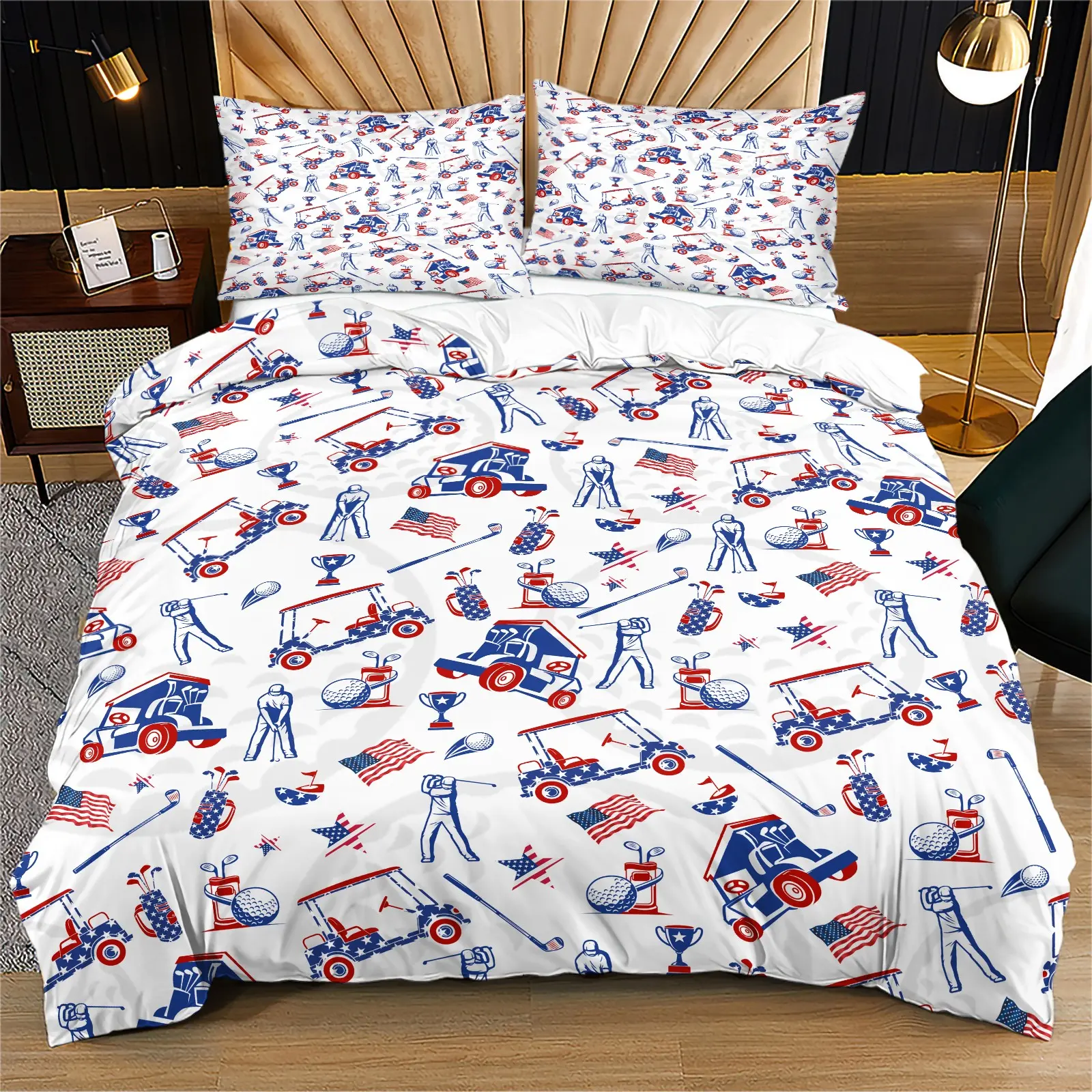 Patriotic Golf Cart & Club Duvet Cover Set, 2/3 Pcs Usa Themed Bedding, Wrinkle-Resistant with Hidden Zipper, Perfect for Bedroom Decor