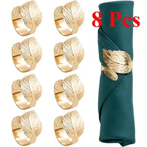 8 Pcs Gold Leaf Napkin Rings Metal Material Sturdy Alloy Napkin Holders for Table Setting Dinnerware Accessories Metallic Plating Finish