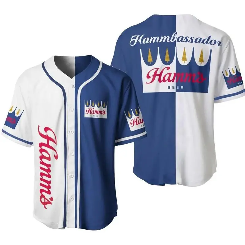 Hamms Beer Hammbassador Baseball Jersey Split Navy White Pine Tree Logo Oversized Unisex Retro USA Streetwear Summer Casual Sport Shirt Men Women
