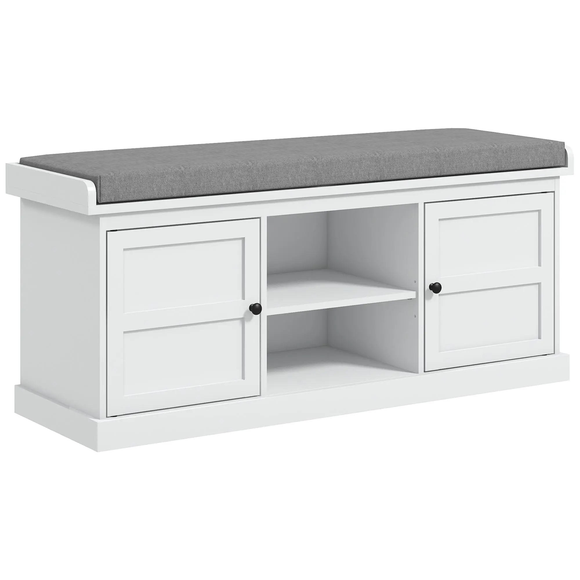 HOMCOM Cushioned Storage Shoe Bench - Footstool with Storage, Modern Furniture-Style Doorway Bench, 2 Cabinets & Adjustable Shelf for Entryway, Living Room (White), Modern Storage Benches