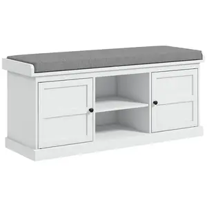 HOMCOM Cushioned Storage Shoe Bench - Footstool with Storage, Modern Furniture-Style Doorway Bench, 2 Cabinets & Adjustable Shelf for Entryway, Living Room (White), Modern Storage Benches