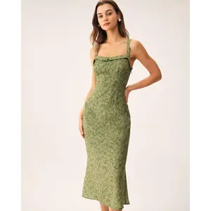 Green Floral Square Neck Slip Midi Dress