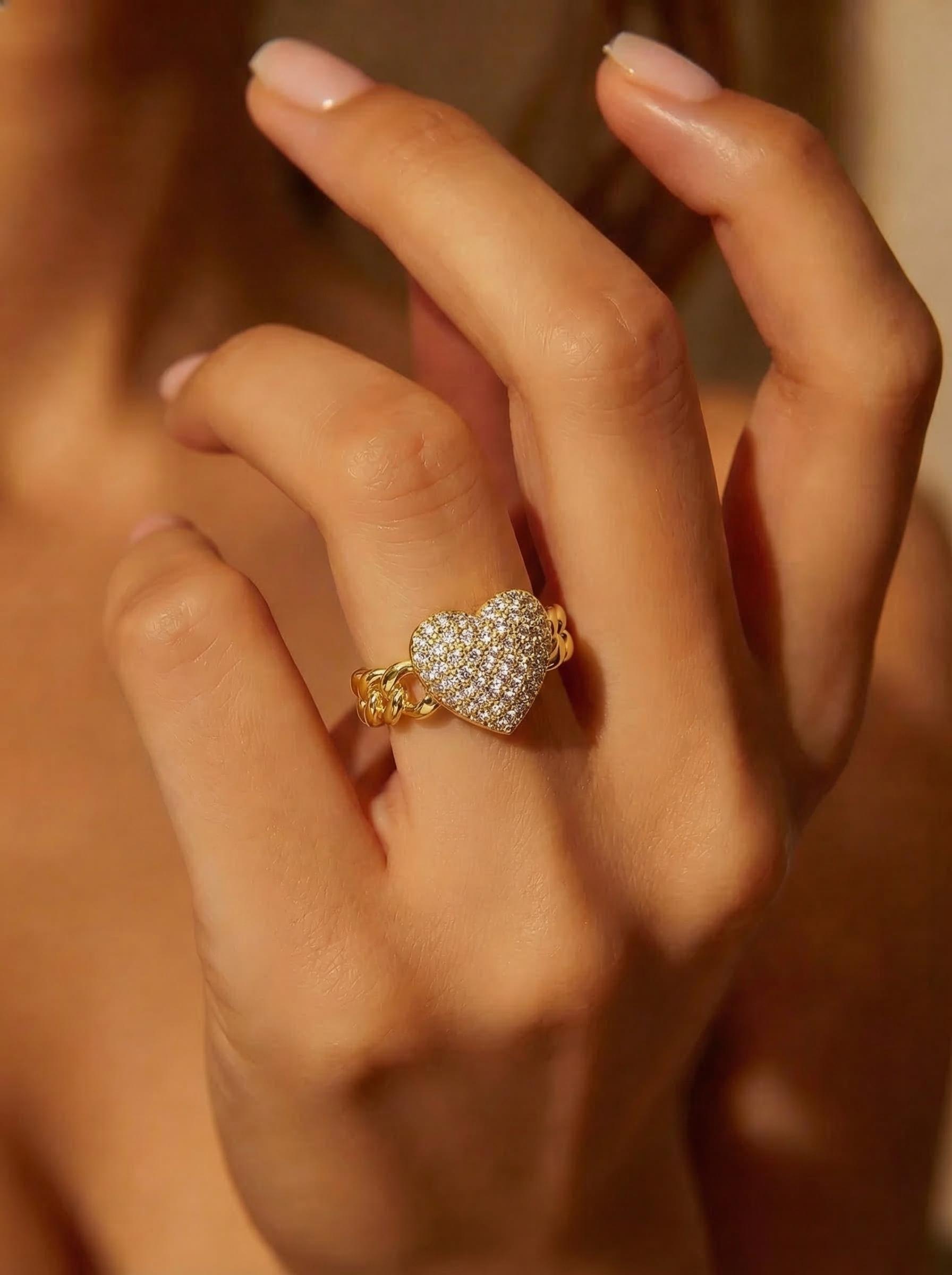 Exquisite Micro Paved CZ Heart Ring, Gold Plated Non Tarnish Adjustable Open Ring, Elegant Statement Ring for Dating & Daily Wear