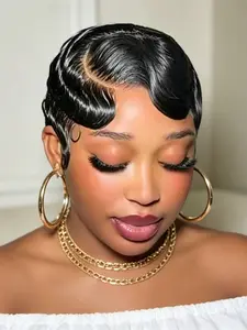Pixie Cut Wig Burgundy Color, 13x4 Lace Short Finger Wave Human Hair Wig, Daily Party Cosplay Gift for Women