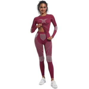 Women's Colorblock Ski Baselayer Suit, Sporty Quick Drying Compression Long Sleeve Top & High Waist Leggings, Ladies Sportswear for Skiing Gym Workout Outdoor, Tight Sports