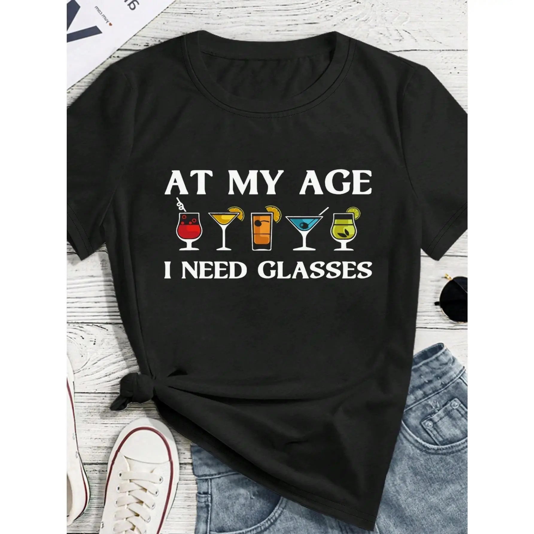 SHEIN Women's Round Neck Short Sleeve T-Shirt - Fashionable Minimalist Wine Glass Print Casual Lady Tops