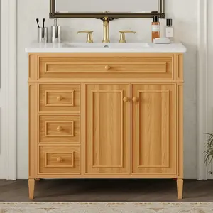 ARCH 36" Bathroom Vanity with Sink, Wood Vanity Cabinet with Flip-Out Drawer, 3 Drawers, 2 Soft-Close Doors, Solid Wood & MDF, Elegant Rubber Wood Handles