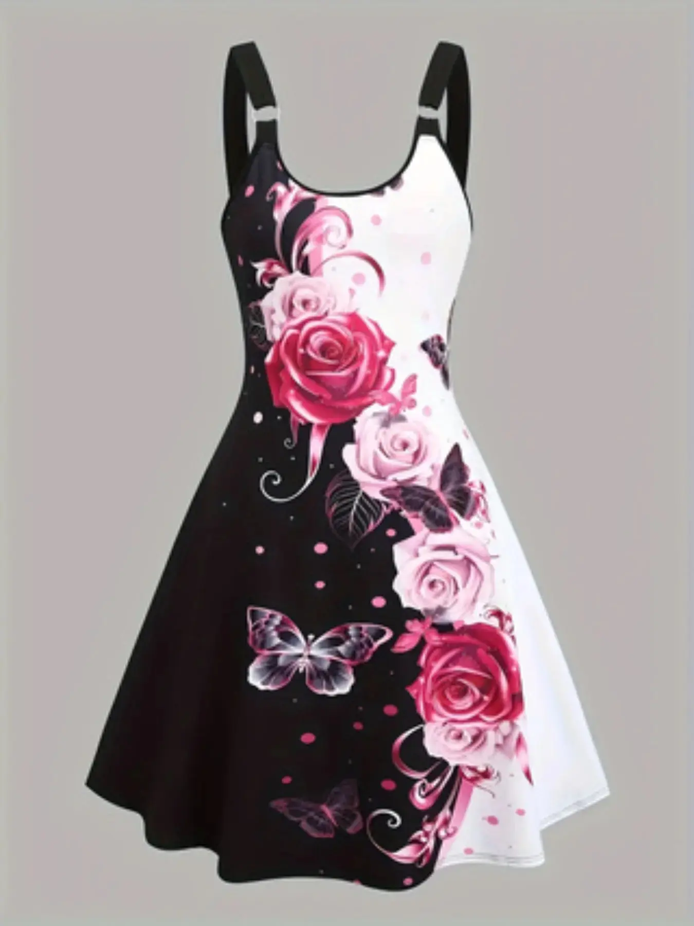 Elegant Butterfly Floral Print Halter Party Dress with Ring Detail, Round Neck Design, Stylish Chic Women's Fashion, Perfect for Special Occasions, Chic Formal Dresses, Womenswear