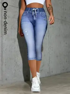 Casual Vacation Print Denim Capri Pants, Natural Waist, 7/8 Length, Women's Fashion, Fitted, Comfortable and Stylish, Perfect for Summer, Womenswear