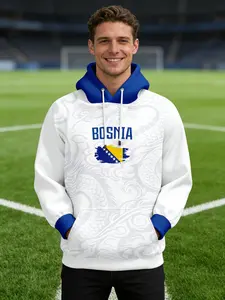Bosnia Flag Print Casual Long Sleeve Hoodie Sweatshirt, Abstract Dragon Pattern, Blue Colorblock, Unisex Winter Fitted Pullover, Outdoor Sports Clothing