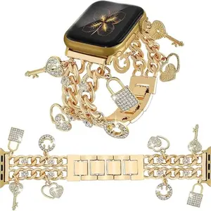 Cuban Chain Band Compatible with Apple Watch Bands 38/40/41/42/44/45 46 49mm Women,Bling Diamond Chain Dressy Metal Wristband Cute Charms Pendants for iWatch Series 10 9 8 7 6 5 4 3 SE Ultra Smart Watch Accessories