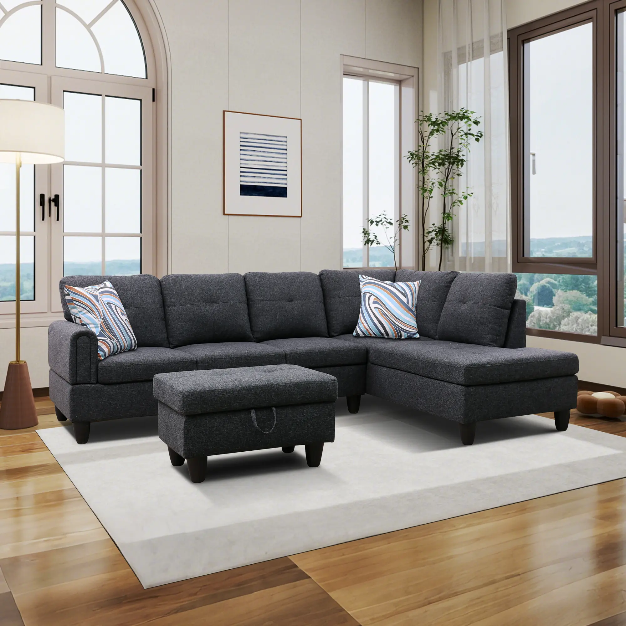 Modular L‑Shaped Corner Sofa Set with Storage Footstool, Soft Linen Fabric Sectional Sofa for Apartment & Small Space
