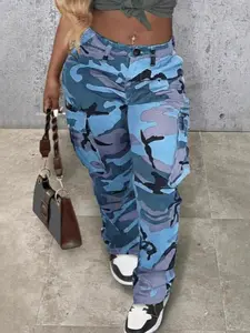 Women's Street Style Camo Print Multi-Pocket Low Waist Work Pants, Casual Fashion Long Trousers, Versatile Cargo Pants for Daily Wear, Camouflage