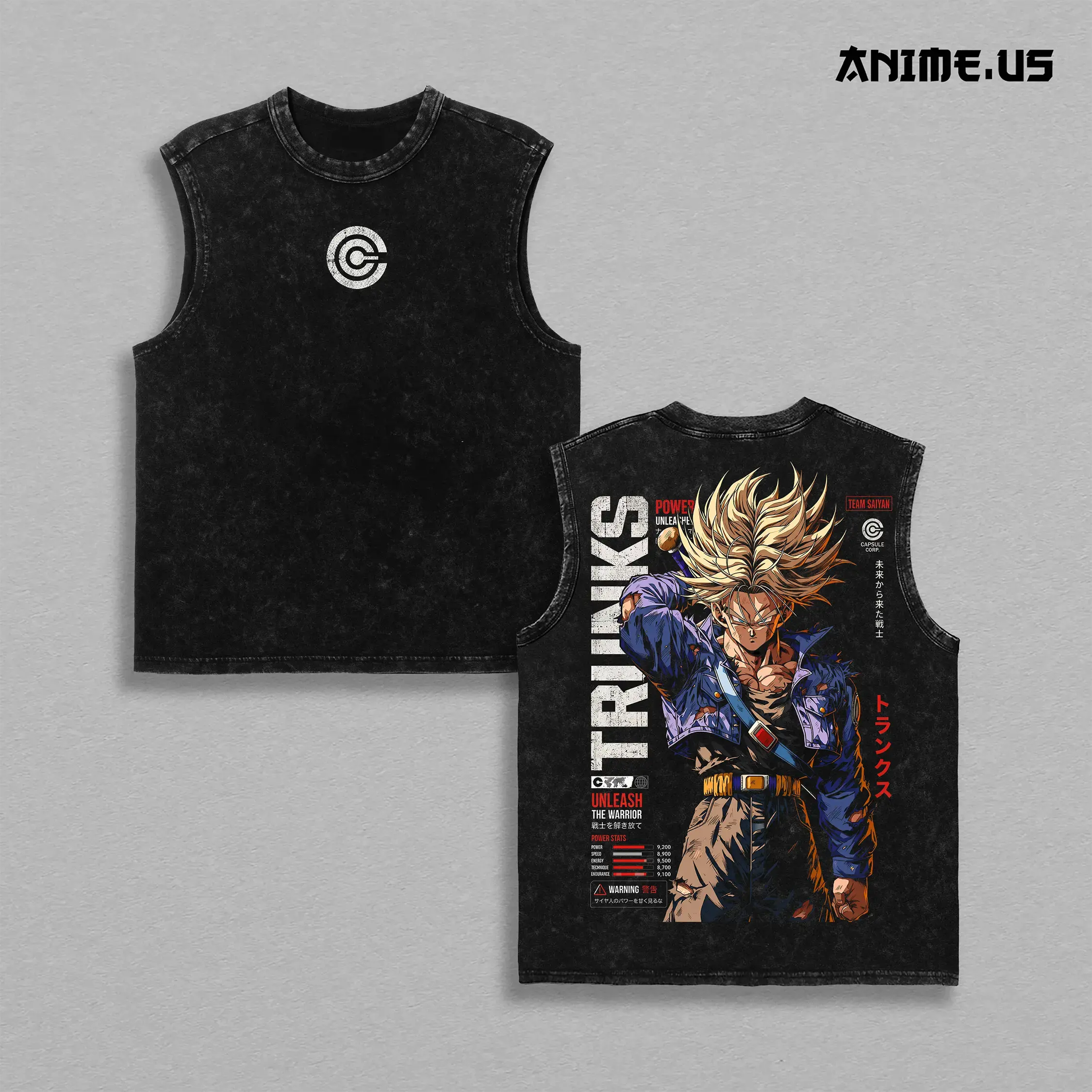 Menswear Retro Future Trunks Capsule Corp Vintage Washed Round Neck Anime Tank Top - DBZ Back Print, Heavyweight Cotton Fabric, Oversized Drape, Distressed Unisex 90s Streetwear Sleeveless Vest