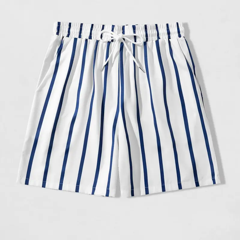 Men's Regular Fit Striped Print Drawstring Waist Beach Shorts, Casual Comfy Breathable Shorts for Summer, Men's Bottoms for Beach Vacation, Breathable Soft Shorts, Lightweight Printed Shorts, Stripes Print Shorts, Beach Outdoor Wear