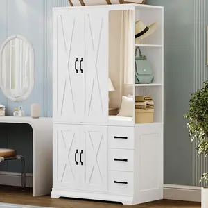 ANCTOR Armoire Wardrobe Closet with Mirror, 70.9" H × 36.2" W, Bedroom Armoires with 4 Doors, 3 Drawers and Shelves, Large Clothing Storage Cabinet for Hanging Clothes