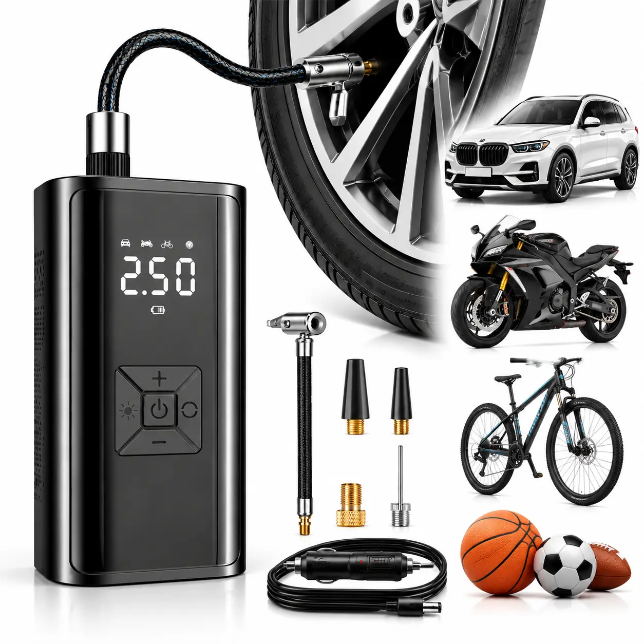 Compact Rechargeable Automatic Tire Inflator Tool - Wireless Car Repair Air Compressor with Digital Display, LED Light, USB Charging, Multi-Function Nozzle Adapter, Cells Batteries, Tools and Gadgets for Cars/Bikes-YY2