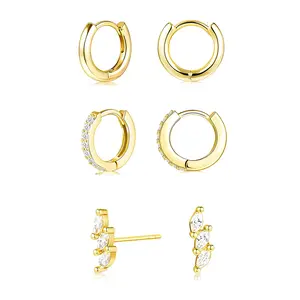 Set of 3 pairs of gold hoop earrings — delicate, small, fashionable mini studs; 14K gold-plated, hypoallergenic ear drops/ear cuffs; women’s gold jewelry gift; stylish earring set