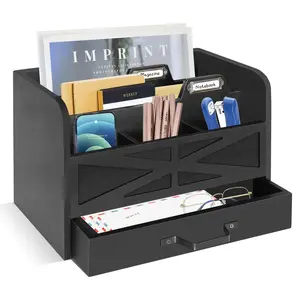 Mail Organizer for Countertop, Desktop Mail Holder File Organizer with Drawer, Farmhouse Rustic Wooden Letter Sorter for Home Office, Mail Sorter for File Letter Bill Storage Organizer