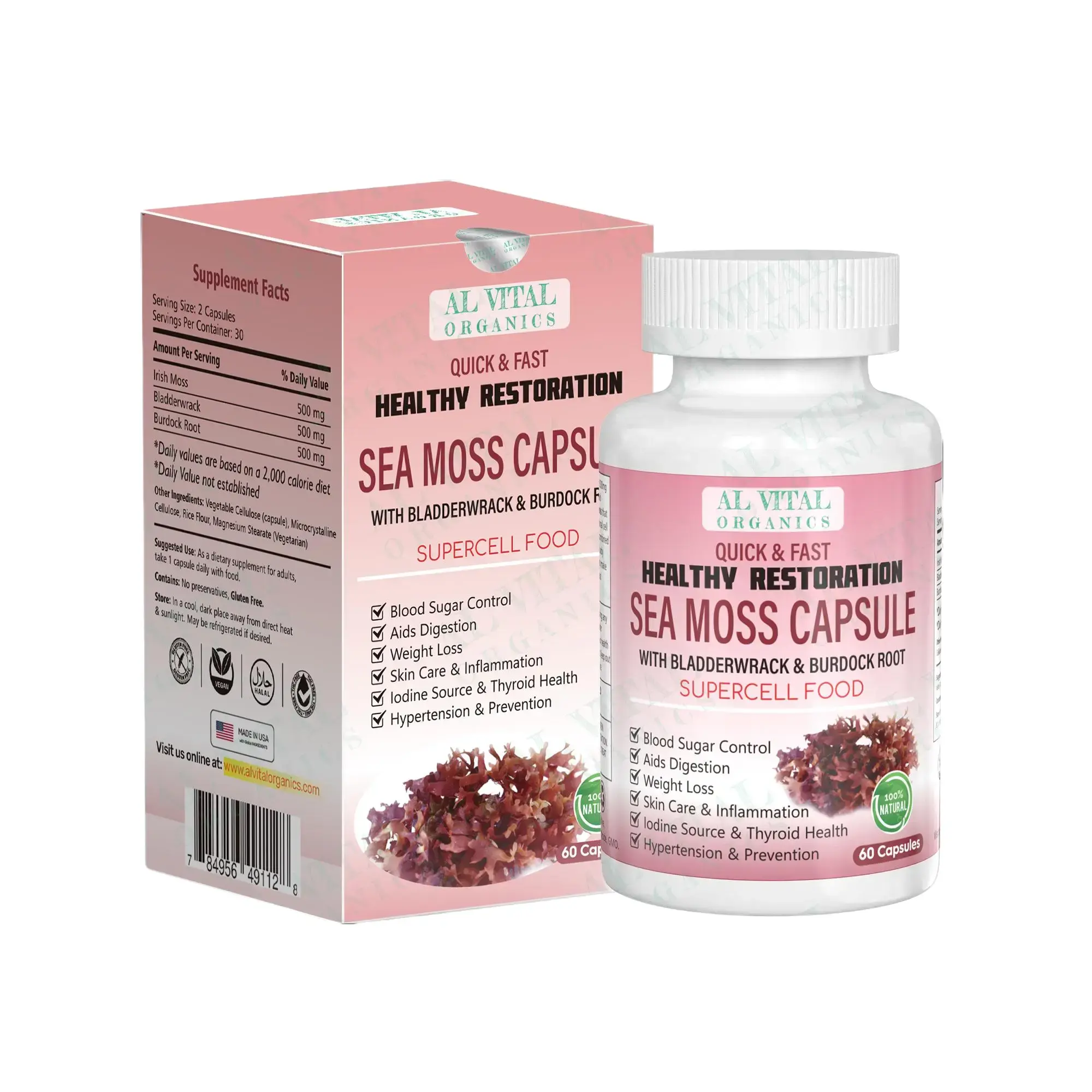 Al Vital Organics Sea Moss Capsules with Bladderwrack & Burdock Root | Healthy Restoration & Daily Wellness Support | Vegan, Non-GMO & Gluten-Free | Made in USA | Natural Dietary & Fitness Supplement Healthcare