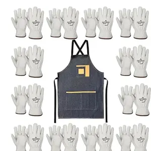 Giorgino 12 Pairs Leather Work Gloves Men with FREE Denim Apron Heavy Duty Cowhide Driver Gloves Unlined Construction Gloves