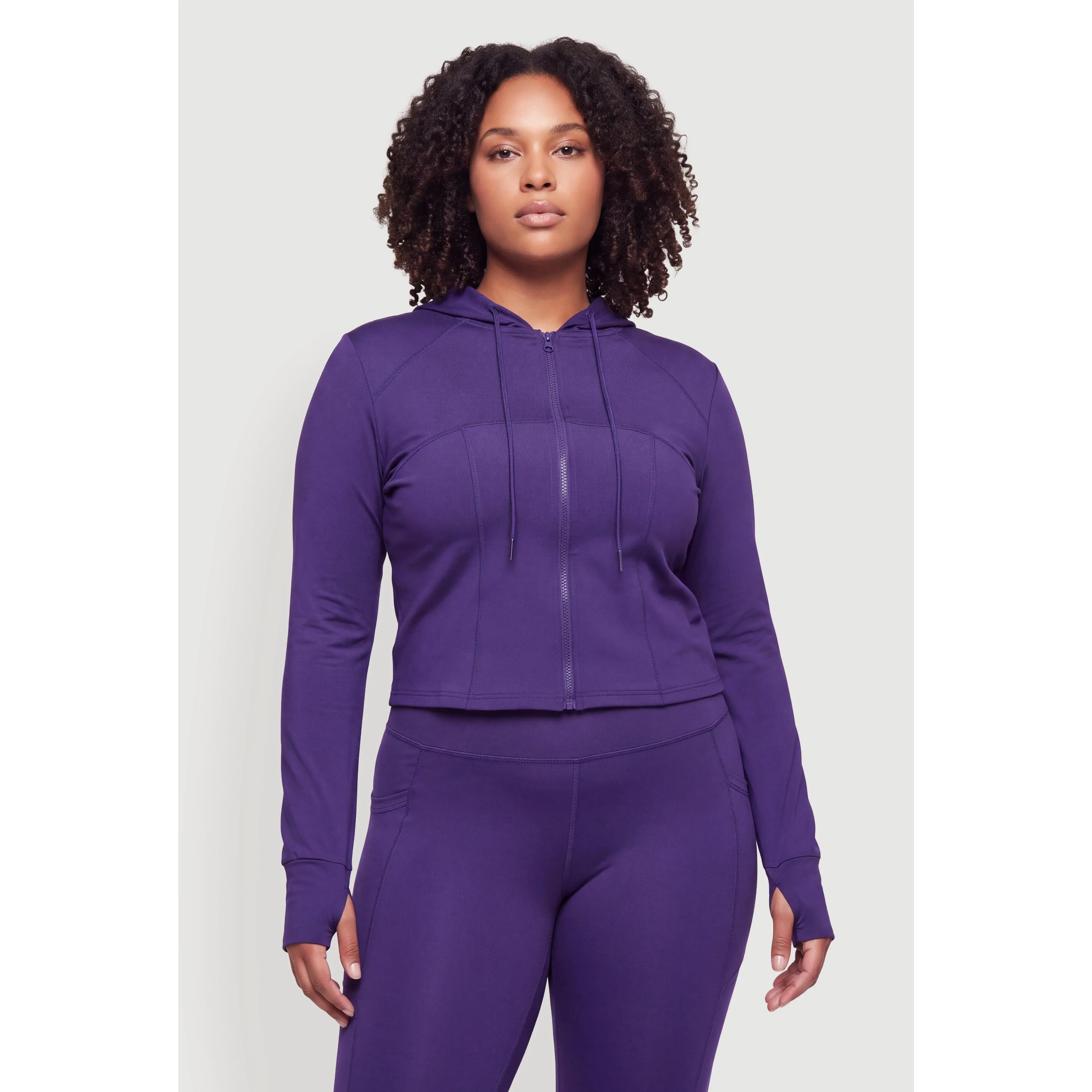 Plus Size Zip Up Hooded Active Jacket with Thumb Holes