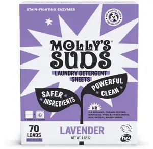 Molly’s Suds Laundry Detergent Sheets | Gentle on Sensitive Skin, Powerful Bio-Based Enzymes, Stain-Fighting | Liquidless & Plastic-Free Packaging | 70 Loads (Lavender)