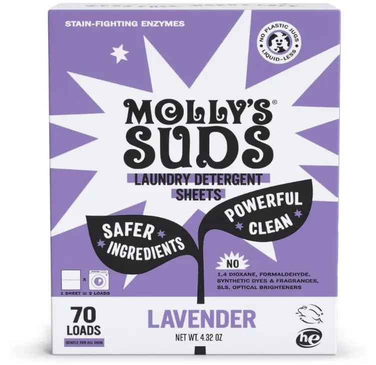 Molly’s Suds Laundry Detergent Sheets | Gentle on Sensitive Skin, Powerful Bio-Based Enzymes, Stain-Fighting | Liquidless & Plastic-Free Packaging | 70 Loads (Lavender)