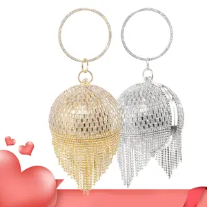 Round Evening Bags Crystal Clutch Purse Wristlets with Tassel Glitter Rhinestones Handbag Valentine's Day Gift for Women for Wedding Party