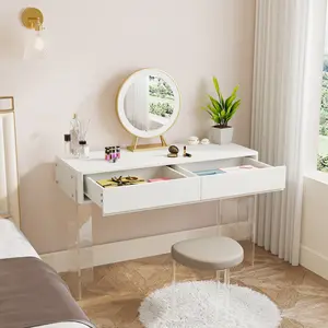 Tribesigns Modern Rectangular Makeup Vanity Desk with 2 Drawers and Acrylic Legs, Glossy White Vanity Dressing Table for Bedroom, MDF Material (Without Mirror)