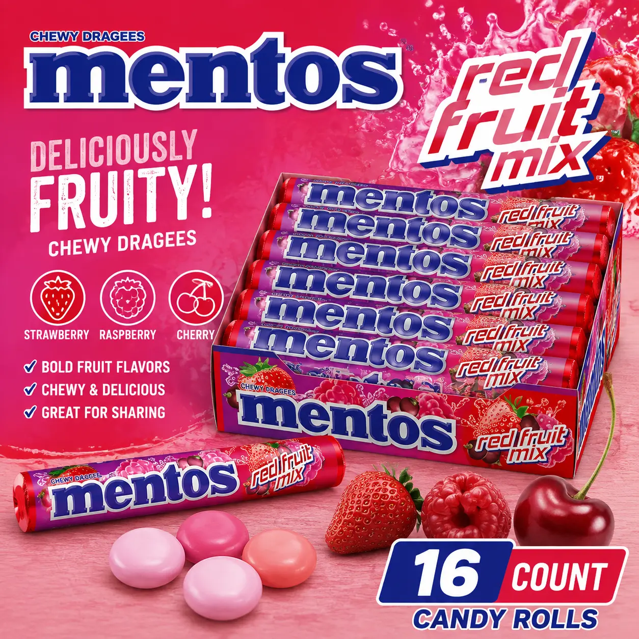 Mentos Red Fruit Chewy Candy Roll Import 16 Count Fruity Chewy Candy