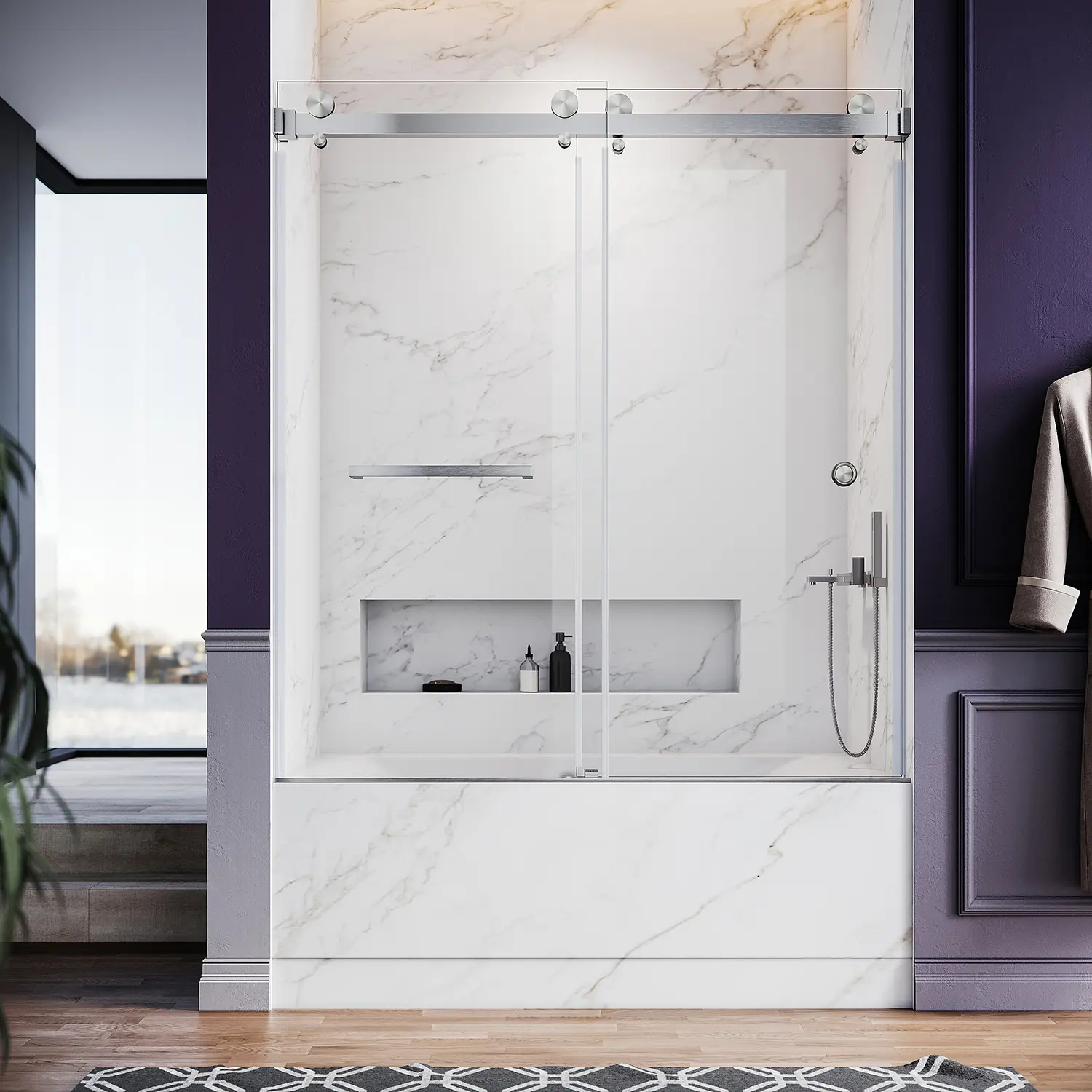 UNIKOO Royal Series 56-60" W x 66" H Frameless Stainless Steel Bypass Shower Door with 3/8" Clear Tempered Glass UKD01-6066