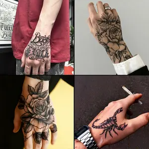 4 large herbal tattoo stickers, featuring designs such as roses, long-lasting for 7-15 days, waterproof and abrasion-resistant, with a realistic effect, suitable for those who are afraid of pain and don't want a real tattoo.