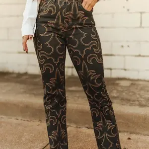 Rancho Luxe Pants Denim Curve Collection - with Intricate Gold Embroidery High Waist Straight Fit Women's Fashion Jean