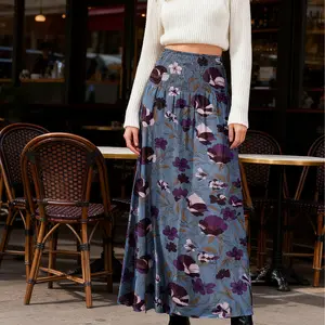 Womens Maxi Skirt High Waist Smocked Boho Flowy Print Casual Beach Long Skirts Summer Loose Breathable Womenswear Bottom Garment