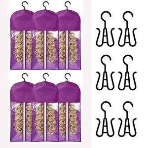 6PCS Hair Extension Holder 2025 New wig storage wig hanger Wig Bagfor Multiple Organizer for Multiple  Extensions Wigs & Accessories (Purple）