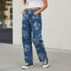 Women’s Floral Print Wide Leg Jeans – Y2K Loose Boyfriend Denim Pants, Casual High Waist Baggy Trousers