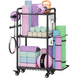 Weight Rack for Home Gym, All in One Yoga Mat Storage Rack, Workout Equipment Storage with Wheels and Hooks for Dumbbells Kettlebells  Rollers,  Coated