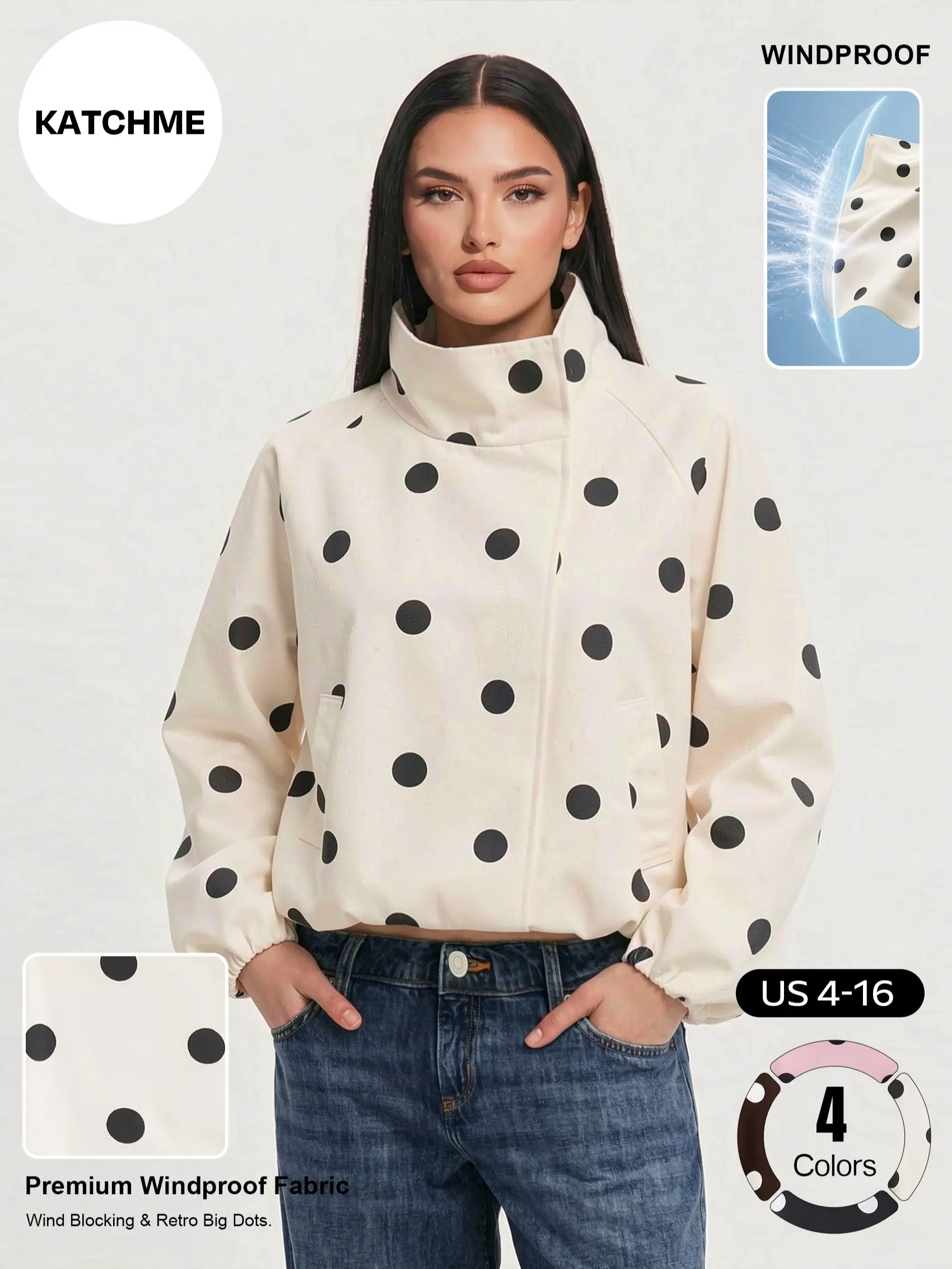 Katch Me Chic Women's Casual Polka Dot Double-Breasted Trench Coat, Versatile Stand Collar Stretch Hem Windproof Bomber Jacket, Durable Loose Outfits, Light Warmth Outerwear #TikTokMadeMeBuyIt #SohoChic #Windbreaker