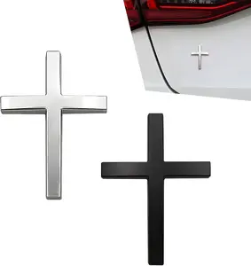 2 PCS Cross Car Decals, Metal Jesus Cross Badge Decal, 2.5"×1.8" 3D Alloy Car Cross Emblem Decal, Self Adhesive Metal Auto Badge Decor Sticker for Trunk, Rear Fender Side Fender (Black + Silver)