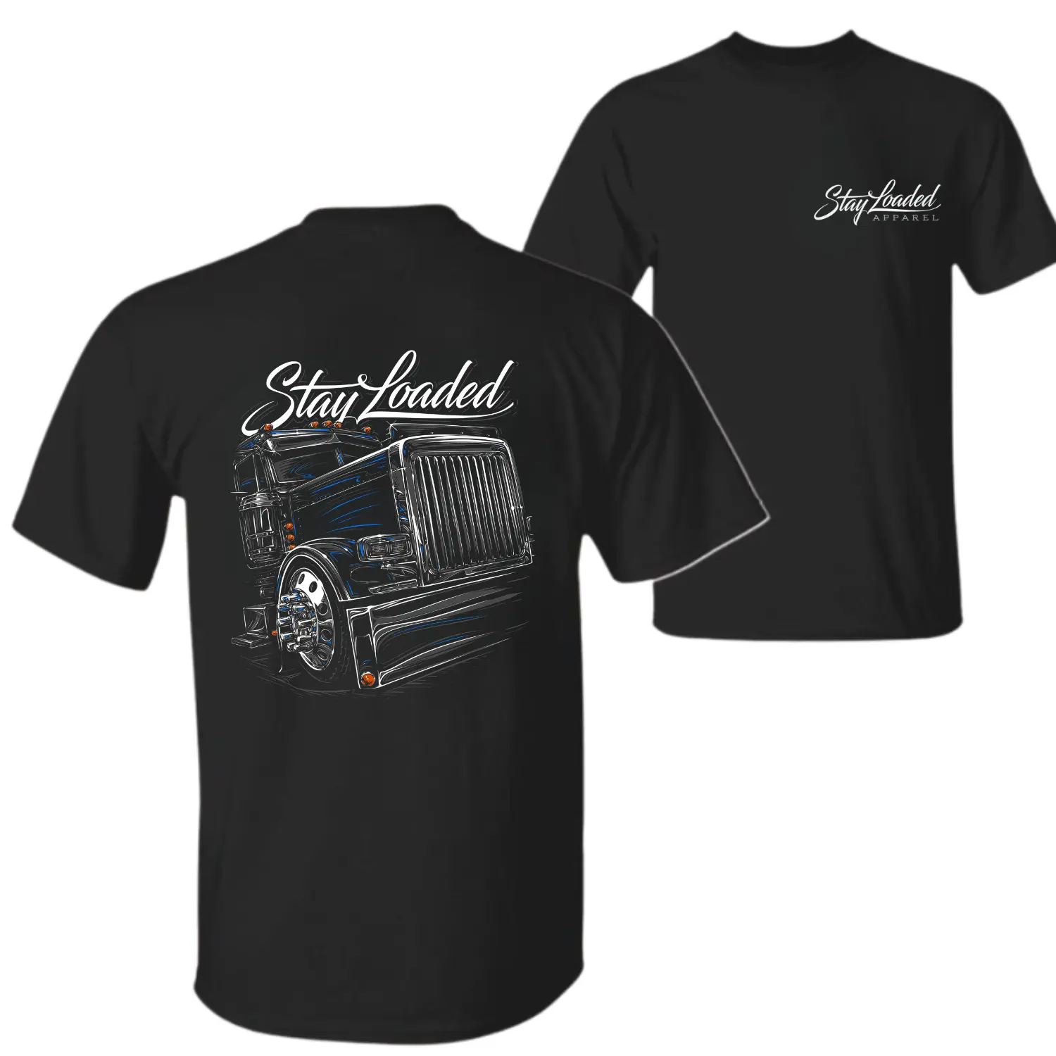Unisex Stay Loaded Black Truck Graphic Tee – Bold Semi Truck with Chrome Detail Design, Oversized Streetwear Camiseta for Truckers & Diesel Fans, Casual Cotton Summer Verano Top